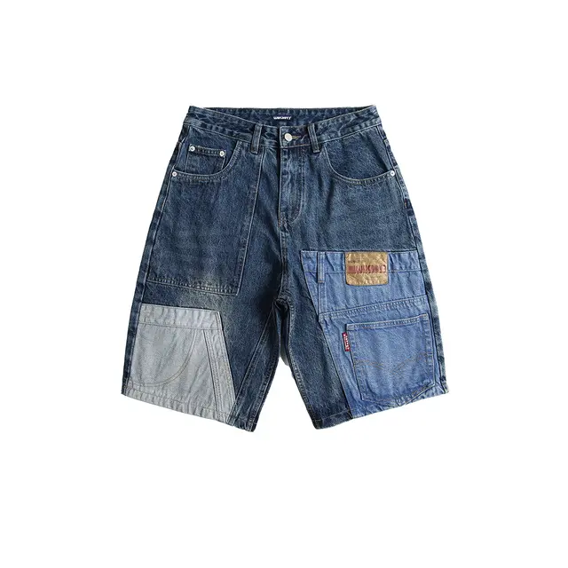 Retro Patchwork Denim Shorts Men's Business Shirt Shorts Blue - Shop at LoveMi