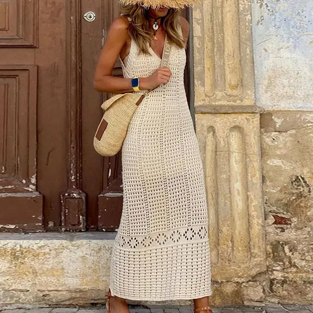 Knitted Hollow out Long Vest Bikini Blouse Dress Apricot - Shop at LoveMi