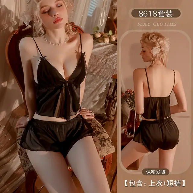Underwear Sling Deep V Pajamas Front Buckle Black - Shop at LoveMi
