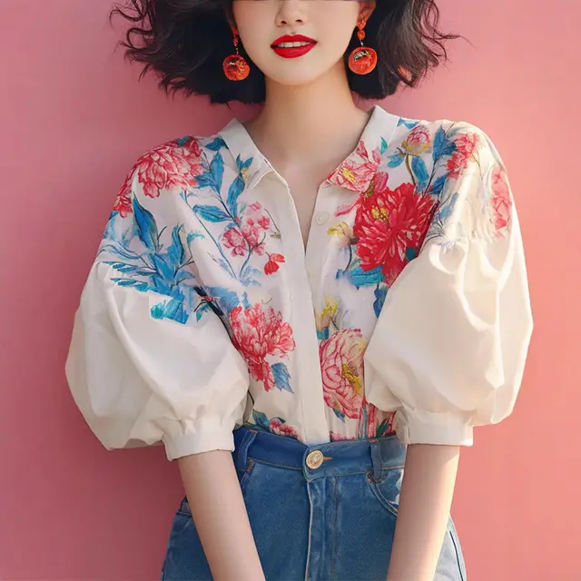 Women's Elegant French Style Puff Sleeve Floral Shirt White - Shop at LoveMi