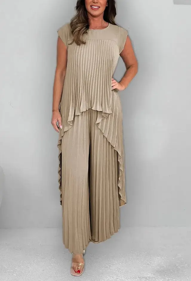 Women's Pleated Suit Short Sleeve Beige - Shop at LoveMi