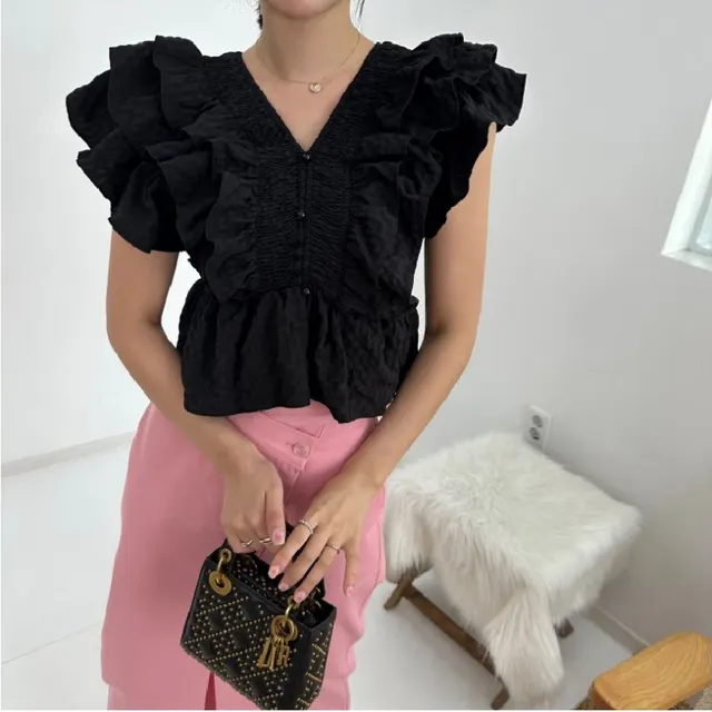 V neck Ruffled Sleeve Shirt For Women Black - Shop at LoveMi