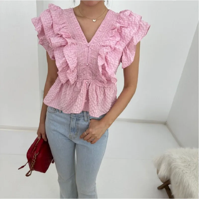 V-neck Ruffled Sleeve Shirt For Women - Pink