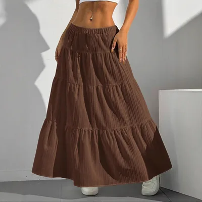 White Skirt Lace up Large Swing Skirt Loose Long Dress Brown - Shop at LoveMi