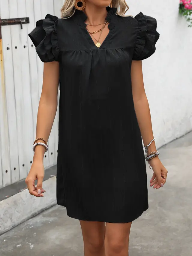 Summer New Women's Fashion Stand Collar Solid Color European And American Style Dress Black - Shop at LoveMi