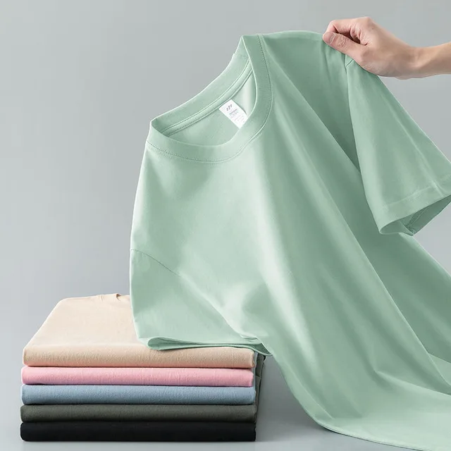 Summer Solid Color Coat Round Neck Bottoming Shirt Half sleeve Pure Cotton T shirt Men And Women Short Sleeve Bean Green - Shop at LoveMi