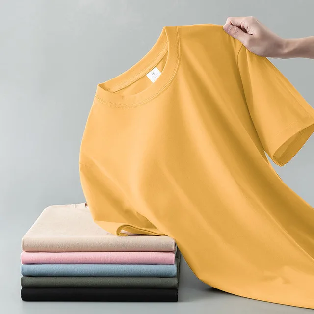 Summer Solid Color Coat Round Neck Bottoming Shirt Half sleeve Pure Cotton T shirt Men And Women Short Sleeve Yellow - Shop at LoveMi