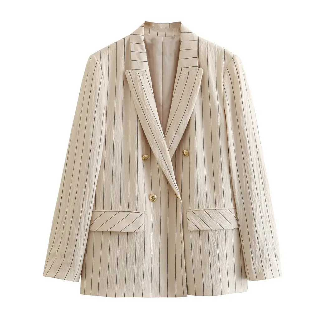 Spring NEW Long Sleeve Double Breasted Suit Jacket High Waist Casual Pants Striped Suit - Suit Top