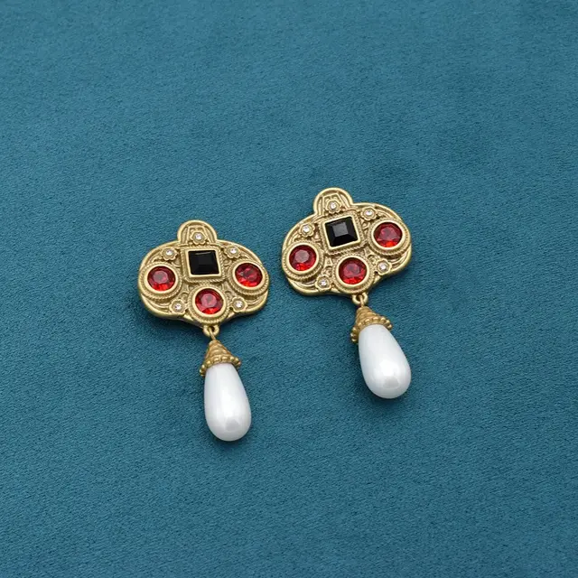 Vintage Glass Inlaid Tassel Pearl Necklace Ear Stud Ear Studs - Shop at LoveMi