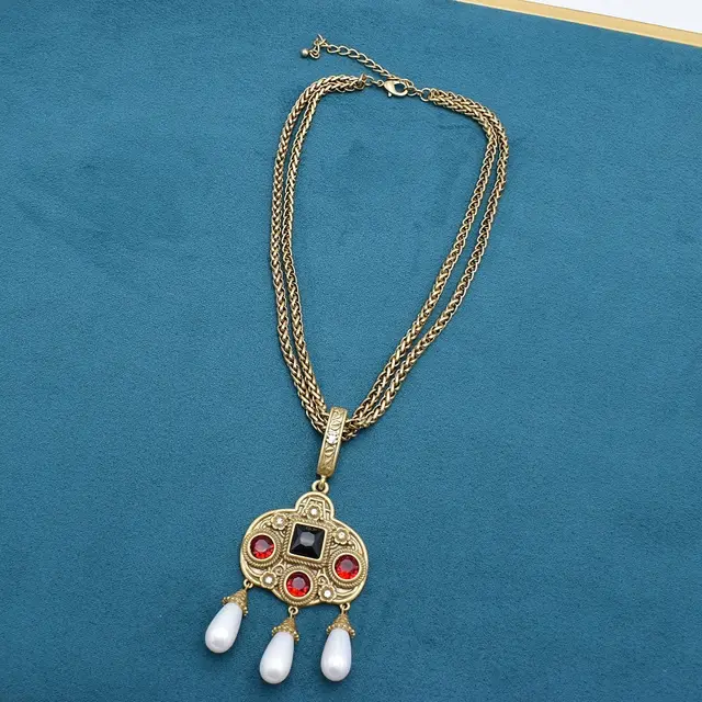 Vintage Glass Inlaid Tassel Pearl Necklace Ear Stud Necklace - Shop at LoveMi