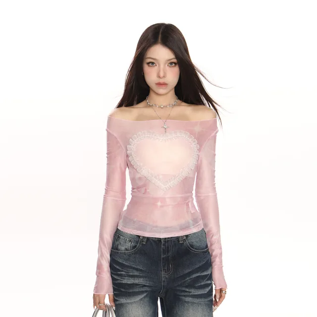 Tie dyed Wooden Ear Love Off shoulder Mesh Long Sleeve T shirt Pink - Shop at LoveMi