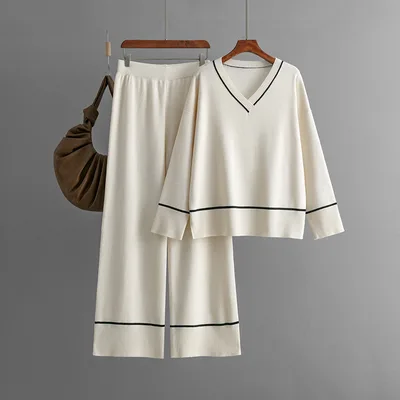 New Loose Casual Sweater Pullover Two piece Dress Of Knitted Sweater Apricot Beige - Shop at LoveMi
