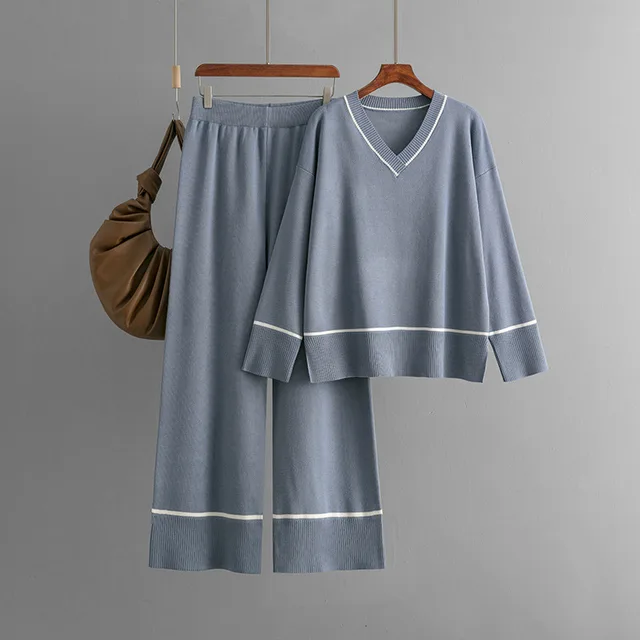 New Loose Casual Sweater Pullover Two piece Dress Of Knitted Sweater Blue - Shop at LoveMi