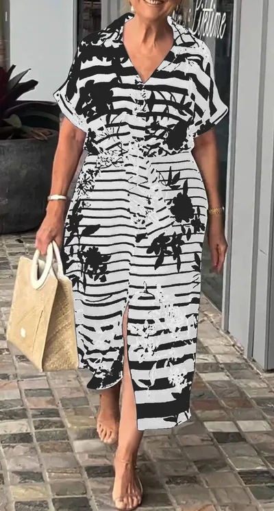 Women's Short Sleeve Belt Slit Hemline At Hem Plant Print Dress White - Shop at LoveMi