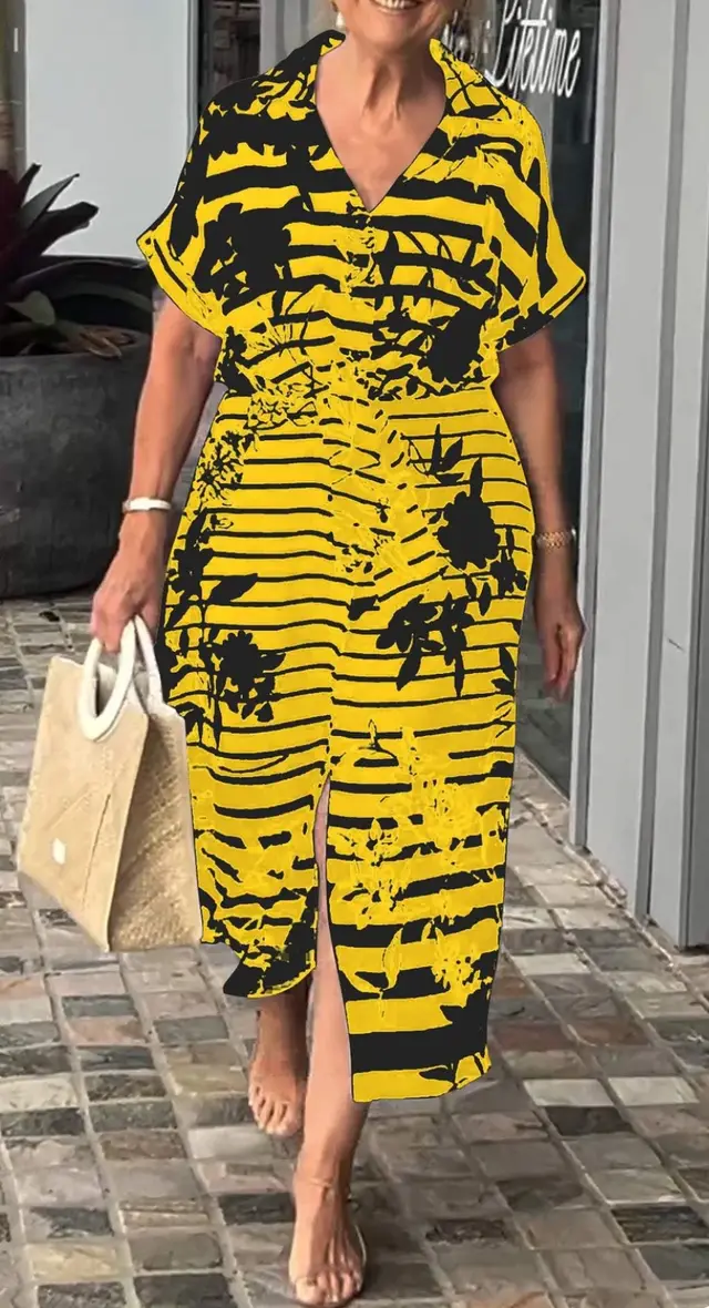 Women's Short Sleeve Belt Slit Hemline At Hem Plant Print Dress Yellow - Shop at LoveMi