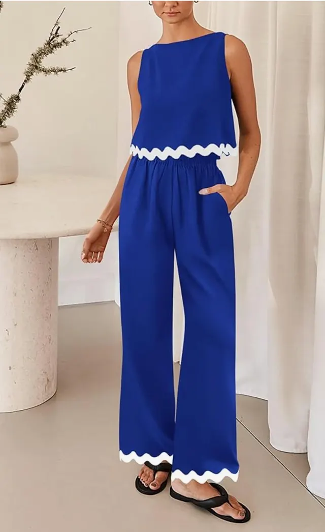 Cotton And Linen Casual Sleeveless Vest Women's Pants Two piece Set Blue - Shop at LoveMi