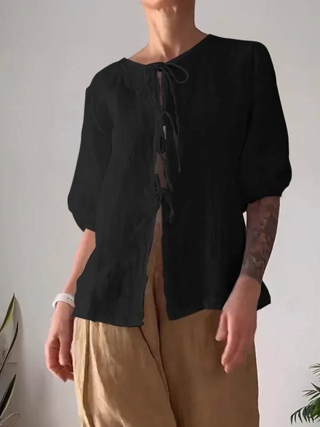 Fashion Casual Solid Color Round Neck Tied Shirt High Waist Wide Leg Pants Black Top Without Pants - Shop at LoveMi