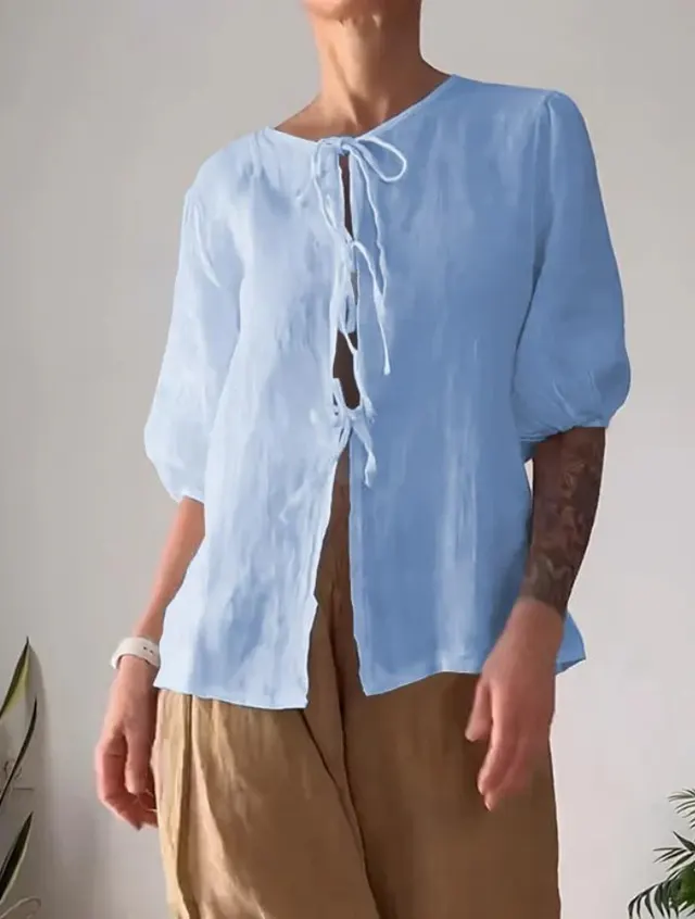 Fashion Casual Solid Color Round Neck Tied Shirt High Waist Wide Leg Pants Blue Top Without Pants - Shop at LoveMi