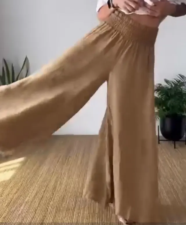 Fashion Casual Solid Color Round Neck Tied Shirt High Waist Wide Leg Pants Khaki Pants - Shop at LoveMi