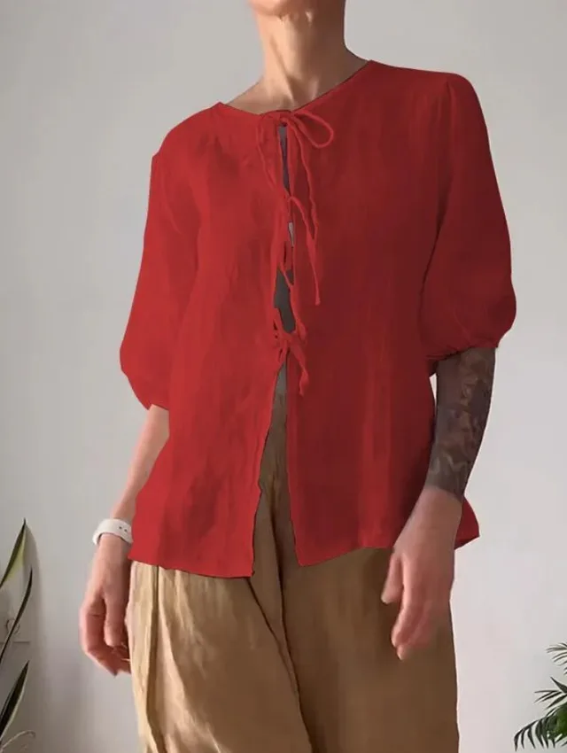 Fashion Casual Solid Color Round Neck Tied Shirt High Waist Wide Leg Pants Red Top Without Pants - Shop at LoveMi