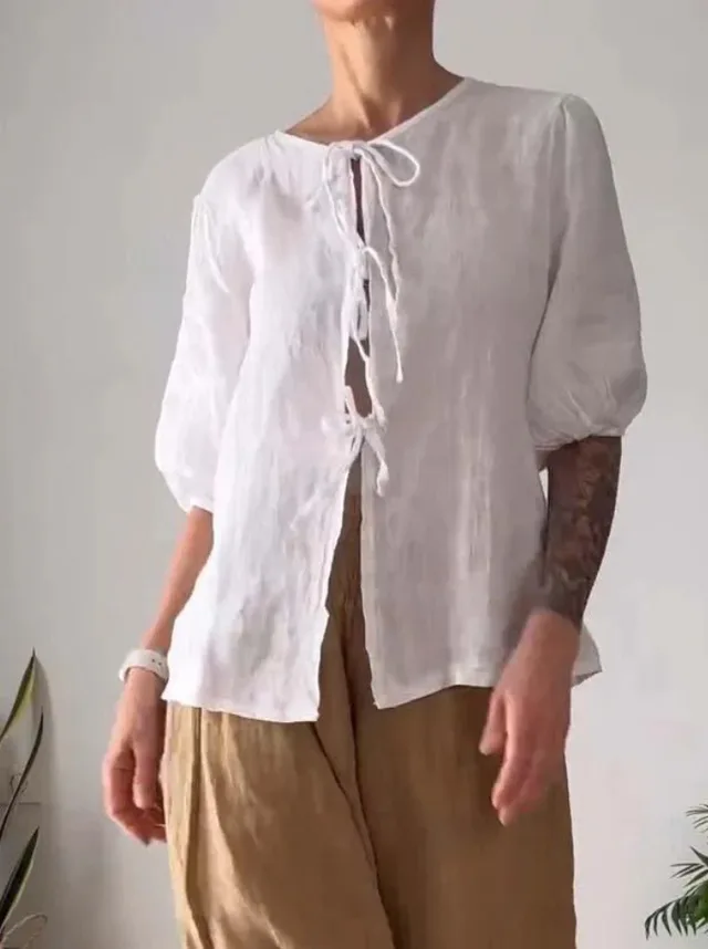Fashion Casual Solid Color Round Neck Tied Shirt High Waist Wide Leg Pants White Top Without Pants - Shop at LoveMi
