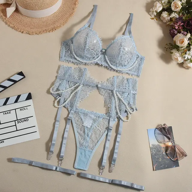 Bra See through Lace Fishbone Pearl Decorative Sexy Lingerie 4 piece Set Light Blue - Shop at LoveMi