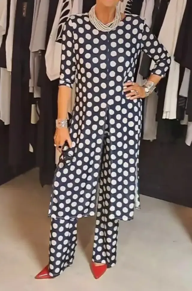 Round Neck Long Sleeve Split Polka Dot Trousers Casual Suit Women Dark Blue - Shop at LoveMi