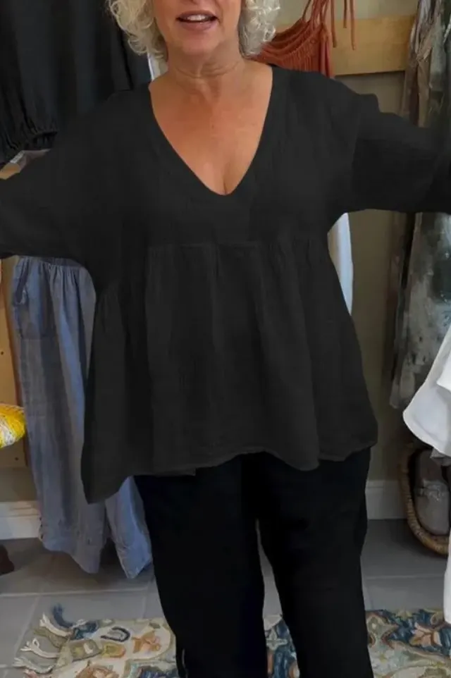 Women's Cotton And Linen Deep V neck Solid Color Loose Top Black - Shop at LoveMi