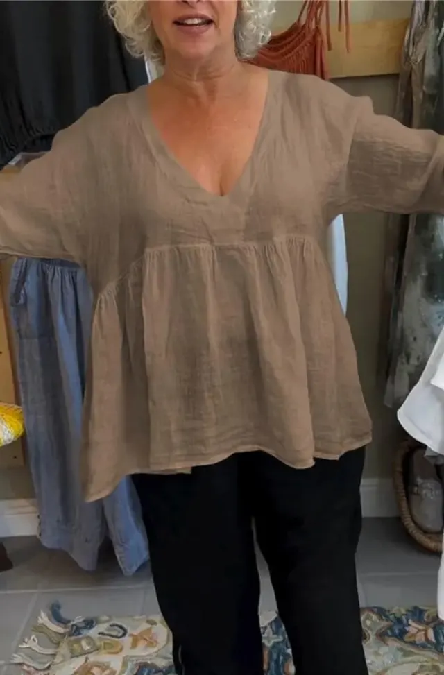Women's Cotton And Linen Deep V neck Solid Color Loose Top Brown - Shop at LoveMi