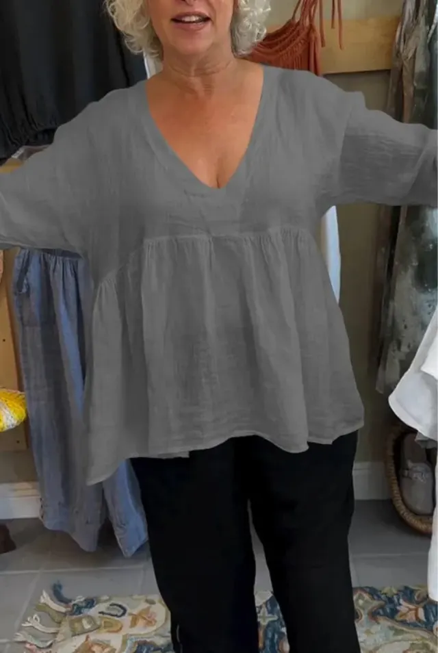 Women's Cotton And Linen Deep V neck Solid Color Loose Top Gray - Shop at LoveMi