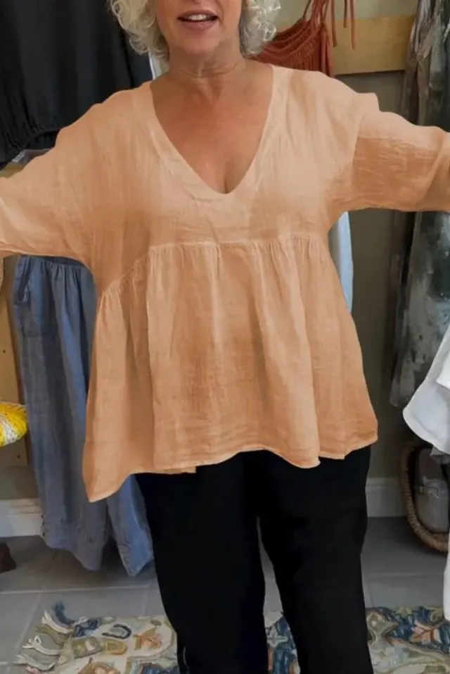Women's Cotton And Linen Deep V neck Solid Color Loose Top Khaki - Shop at LoveMi