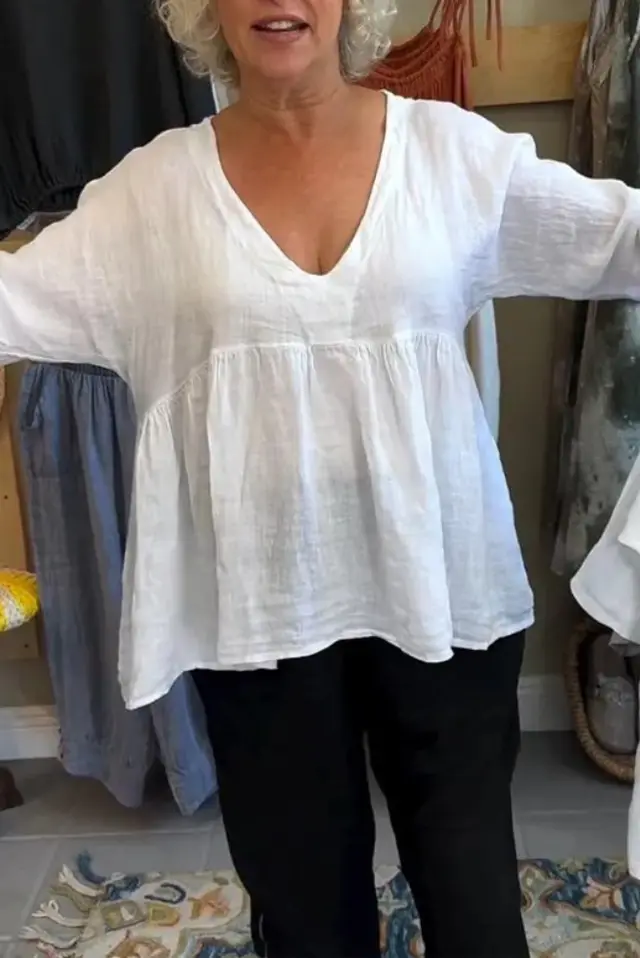 Women's Cotton And Linen Deep V neck Solid Color Loose Top White - Shop at LoveMi