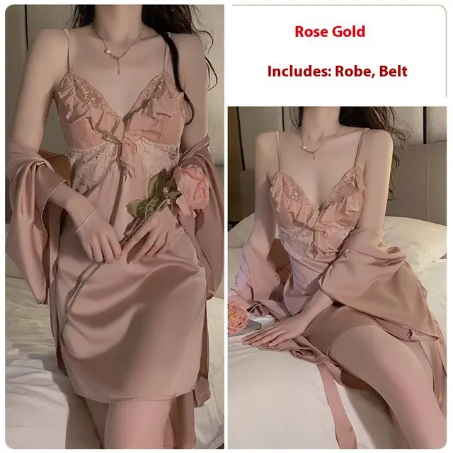 Backless Lace Up Chest Pad Pajamas Sweet Spaghetti strap 1690 Rose Gold Outer Robe Belt - Shop at LoveMi