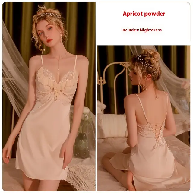 Backless Lace Up Chest Pad Pajamas Sweet Spaghetti strap J2708 Apricot Pink Nightdress - Shop at LoveMi