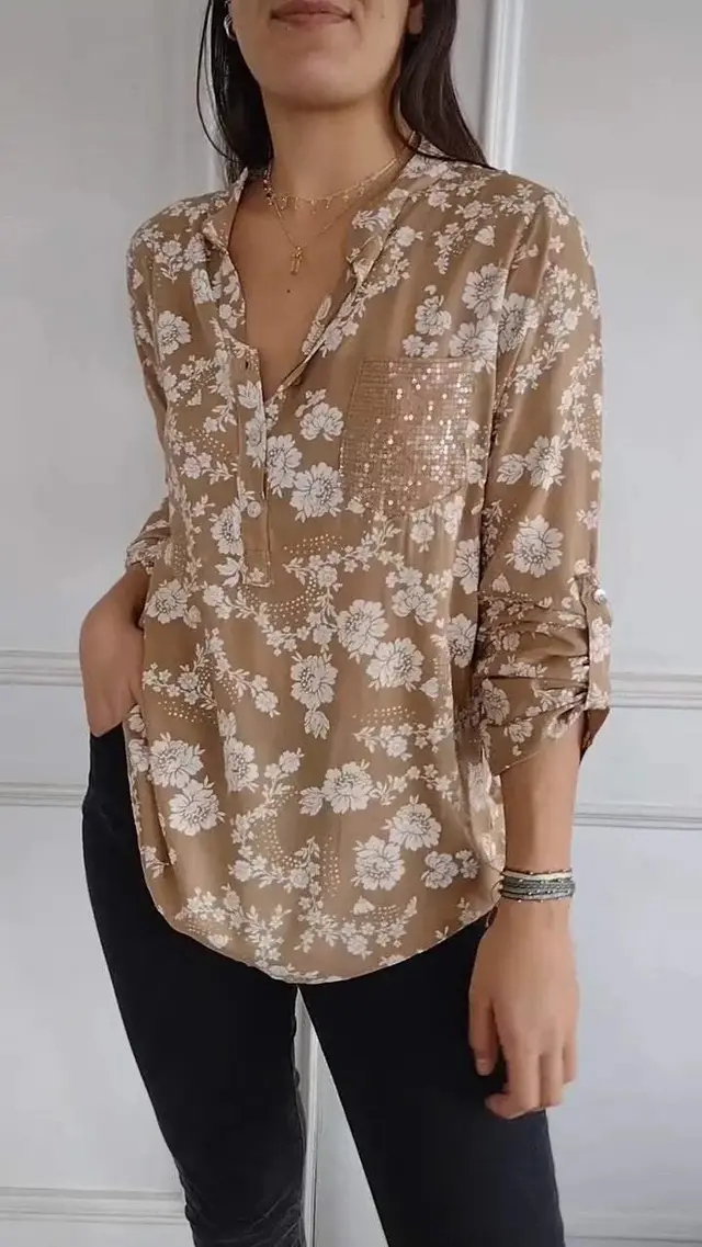 Loose Casual Long Sleeves Printed Sequined Pocket Shirt Yellow - Shop at LoveMi