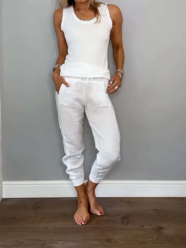 Cotton Linen Vest Drawstring Casual Pants Suit White - Shop at LoveMi