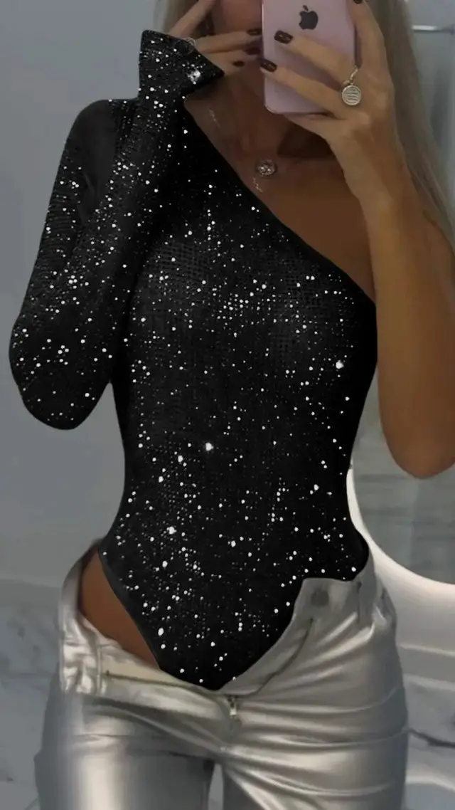 Sexy One shoulder Tight Rhinestone Sequins Top Black - Shop at LoveMi