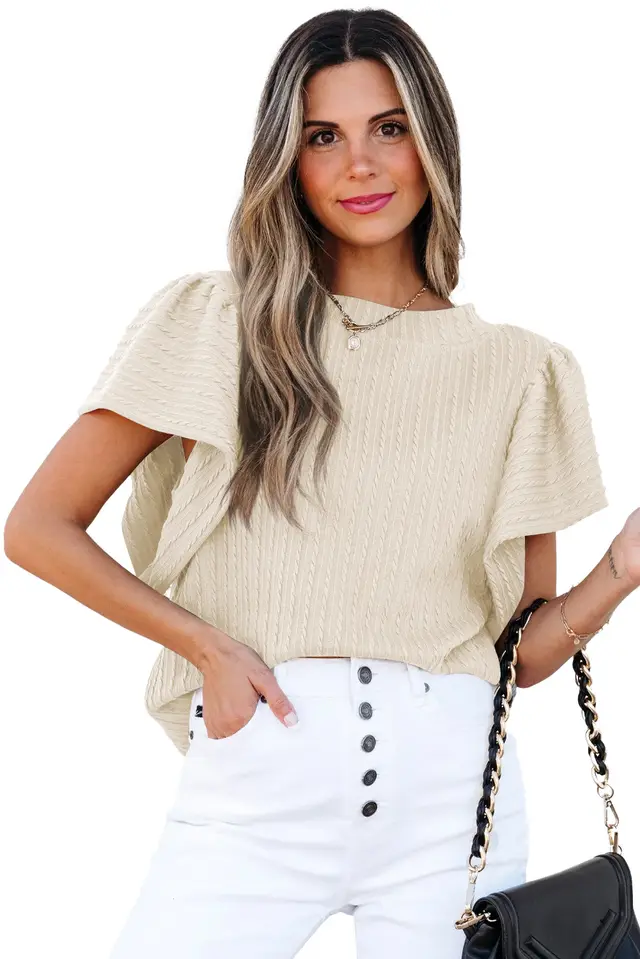 Women's Double layer Ruffled Polyester Short sleeved Round Neck T shirt Apricot - Shop at LoveMi