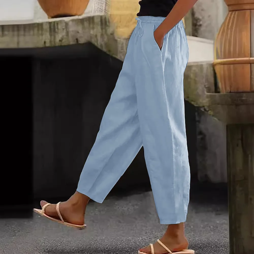 Spring And Autumn New Women's Cotton And Linen Solid Color Fashion Casual Daily Elasticated Slacks Sky Blue - Shop at LoveMi