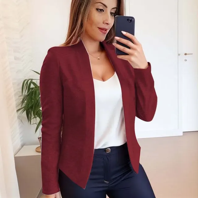 Long Sleeve Solid Color Casual Jacket Women Wine Red - Shop at LoveMi