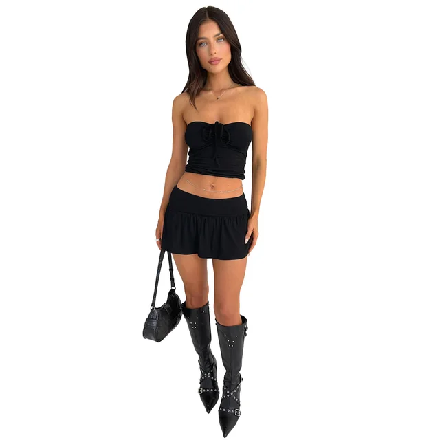 Women's Fashion Tube Top Pleating Double layer Pantskirt Two piece Set Black - Shop at LoveMi