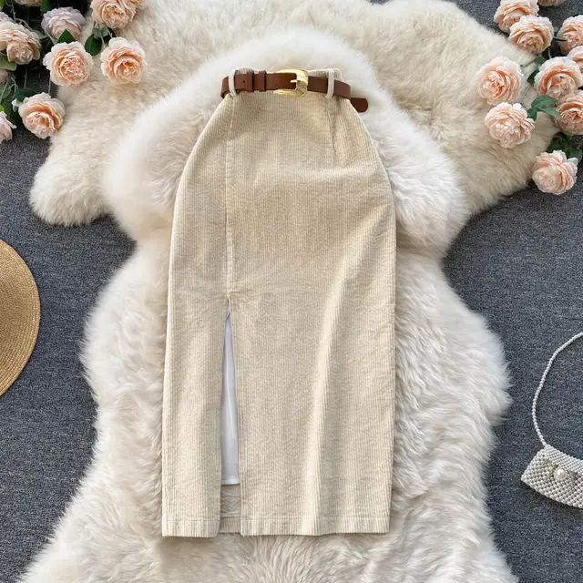 Early Autumn Style Retro Split Skirt Winter With Sweater Mid length White - Shop at LoveMi