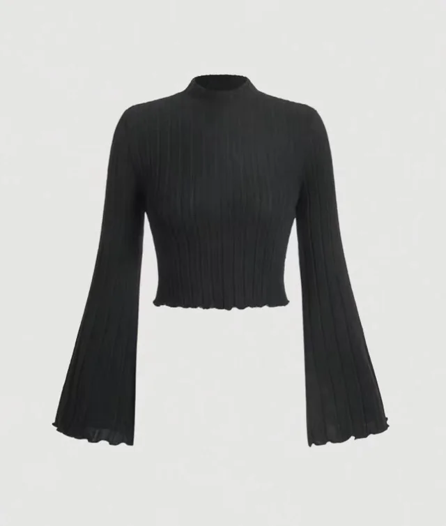 Printed Sexy Lace Thick Long Sleeved T shirt Knitted Sweater 1033 Black - Shop at LoveMi
