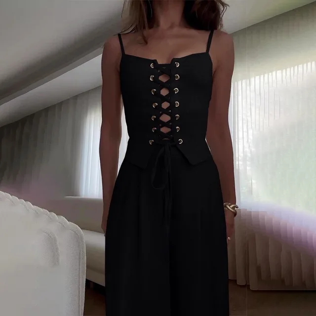 Pure Desire Sexy Cutout Lace up Casual Wide leg Pants Set Black - Shop at LoveMi