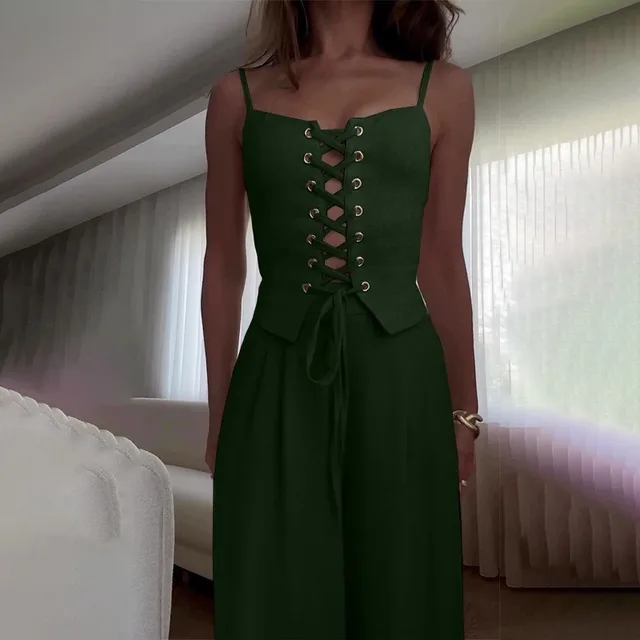 Pure Desire Sexy Cutout Lace up Casual Wide leg Pants Set Dark Green - Shop at LoveMi