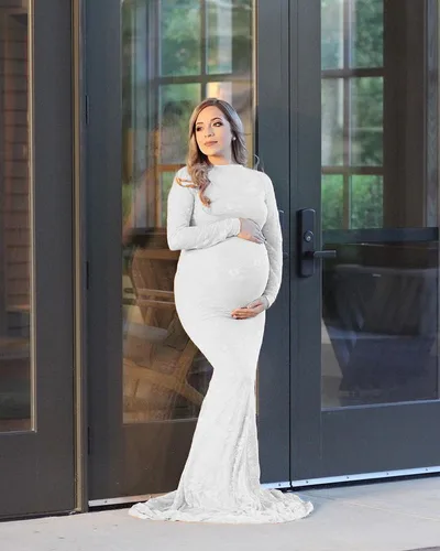 Women's Lace Maternity Round Neck Collar Trailing Long Dress White - Shop at LoveMi