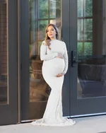 Women's Lace Maternity Round Neck Collar Trailing Long Dress - White