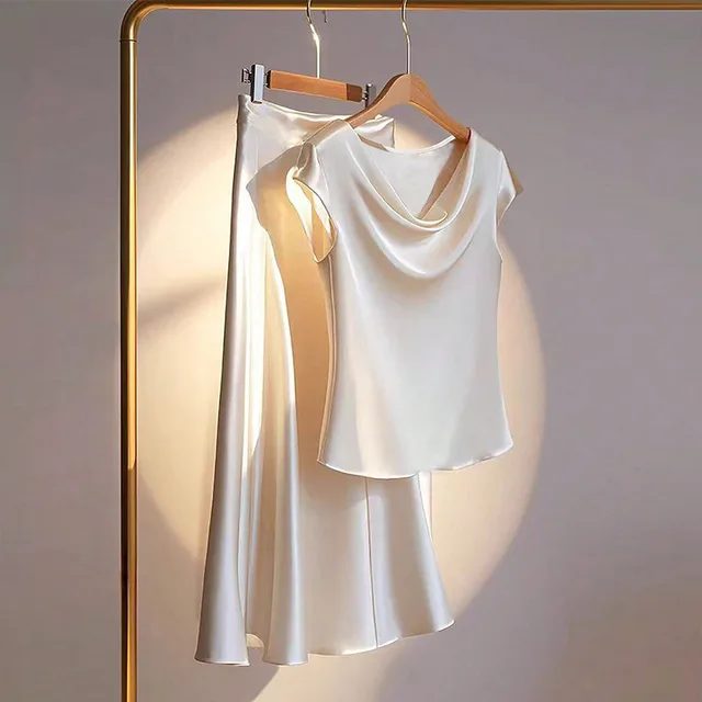 European And American Style Artificial Silk Short Sleeve Skirt Suit Apricot - Shop at LoveMi