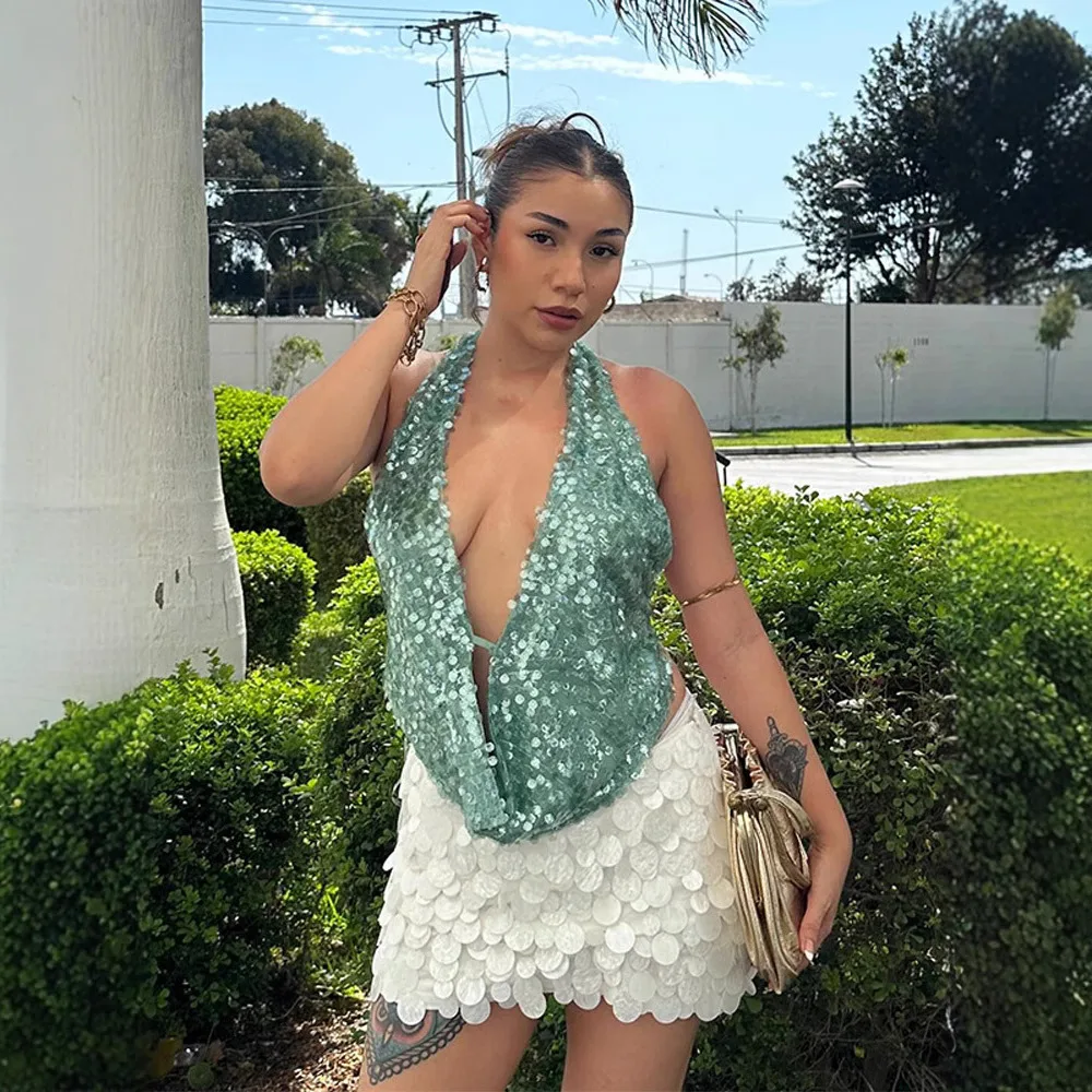 Women's New Sexy Sequined Halter Backless Top - Green