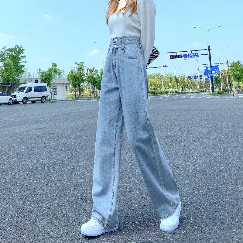Women's High Waist Straight Loose Slimming Small Wide Leg Jeans Blue - Shop at LoveMi
